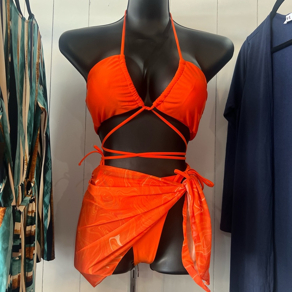 Orange bikini set with coverup